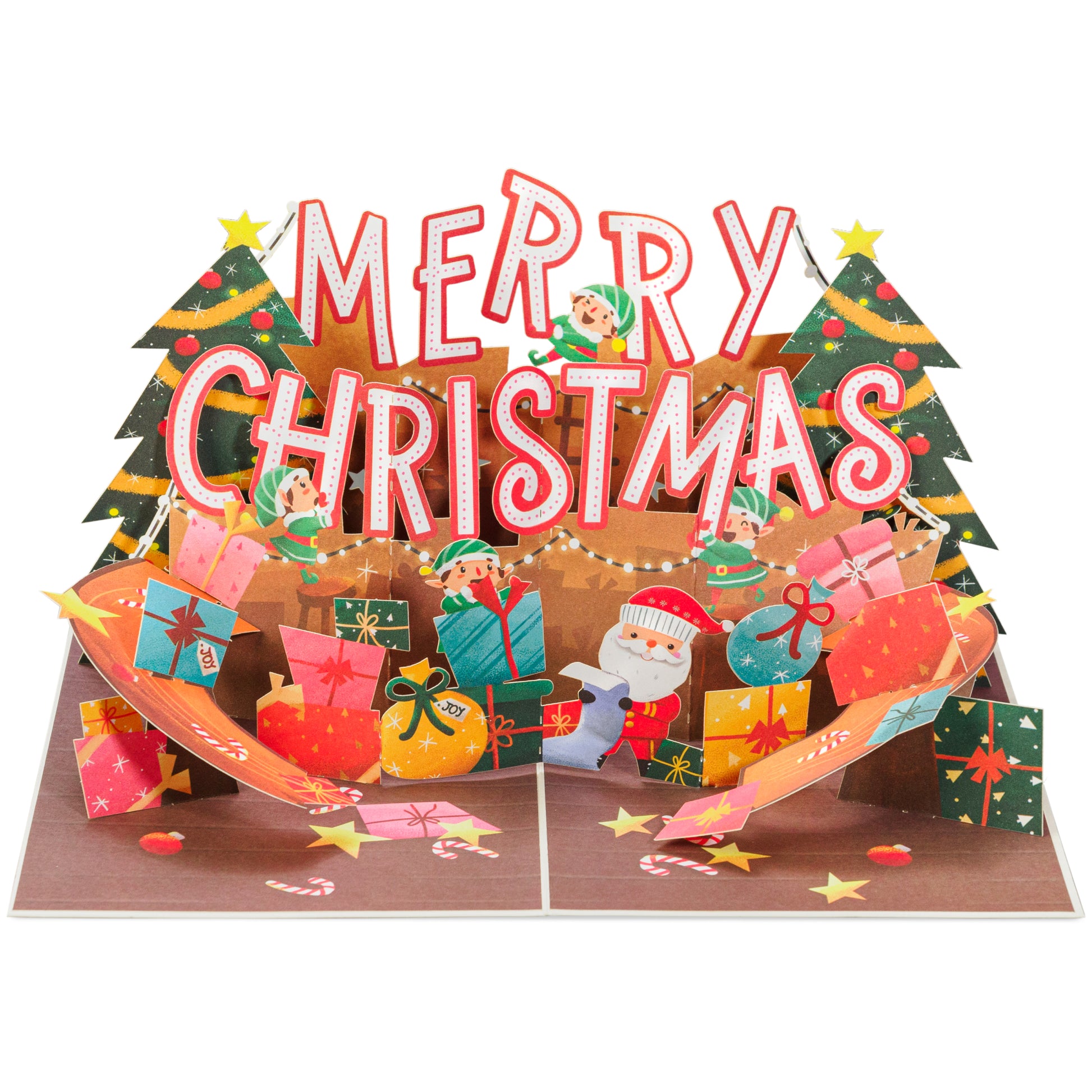 Open Christmas pop-up card showcasing Merry Christmas text, gifts, and Santa.