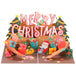 Open Christmas pop-up card showcasing Merry Christmas text, gifts, and Santa.