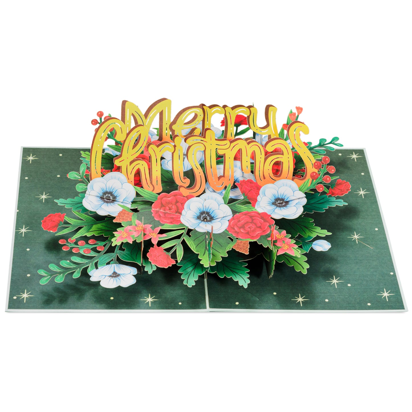 Open Floral Merry Christmas pop-up card with colorful flowers and golden text.