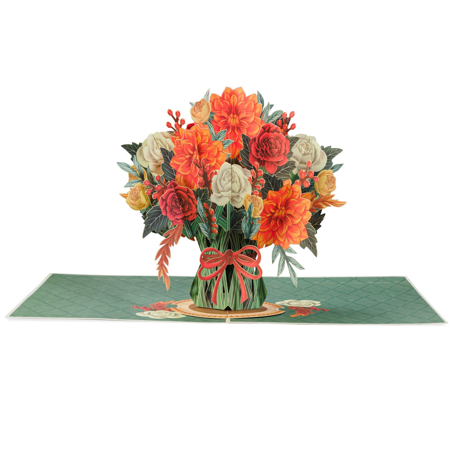 Boho pop-up flower bouquet card displayed open with a green base and floral design.