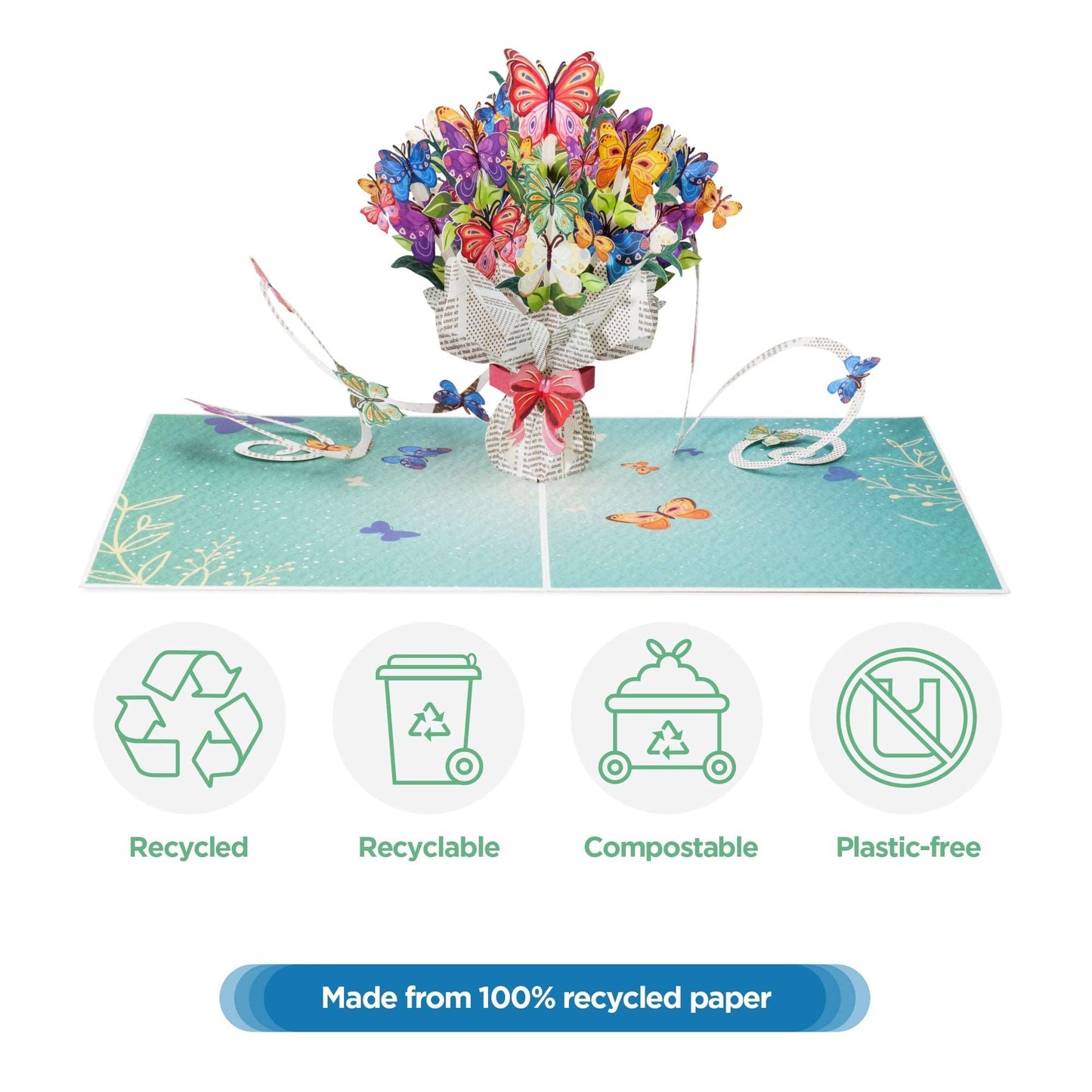 Butterflies Bouquet Pop Up Card made from 100% recycled, compostable paper.