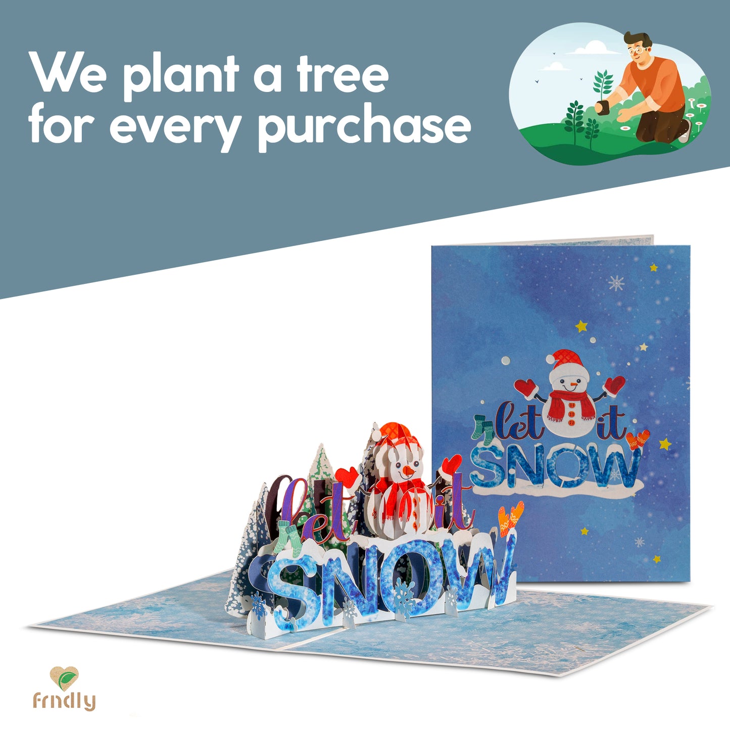 Let It Snow pop-up card with eco-friendly message and tree planting initiative.