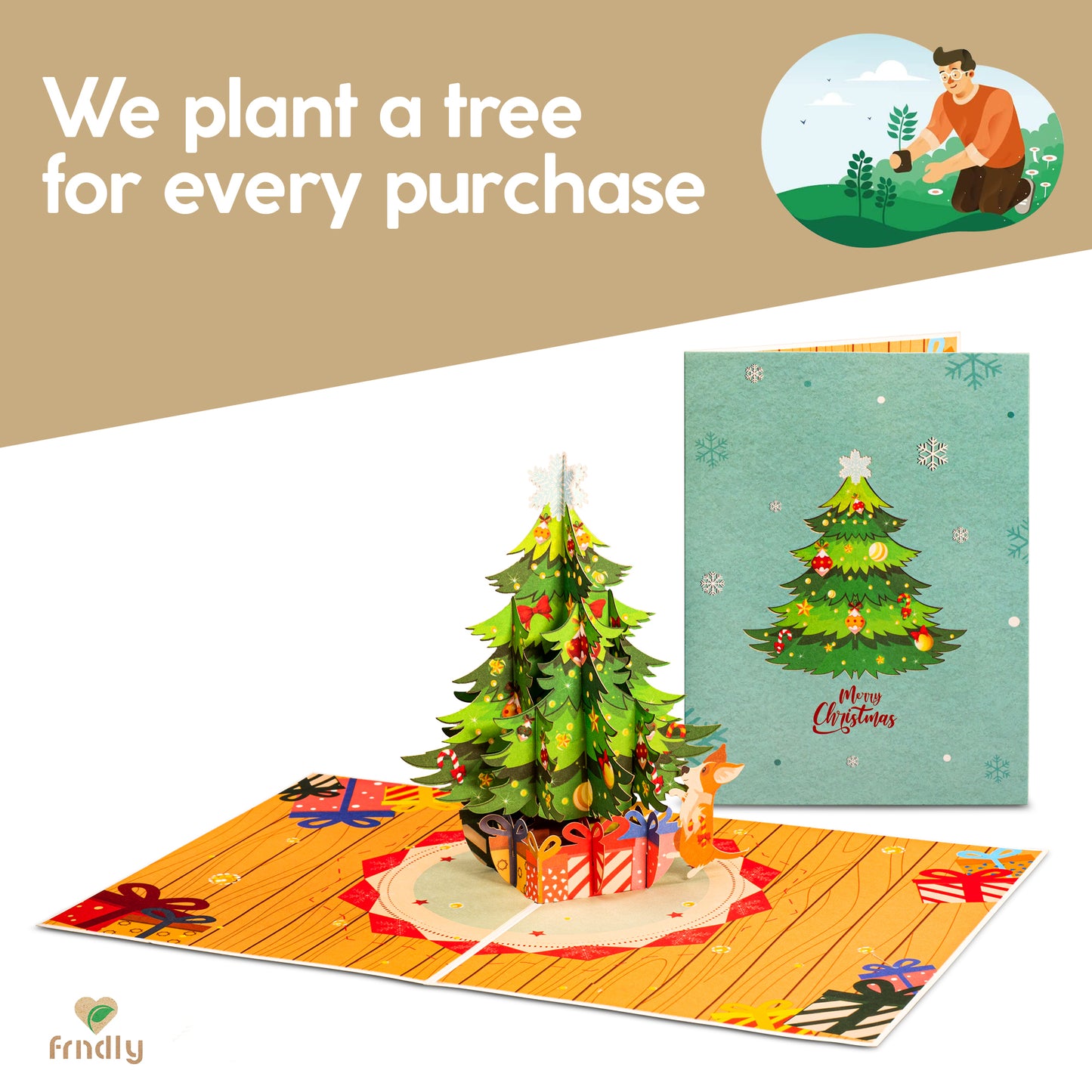Christmas tree pop-up card with a note about planting a tree per purchase.