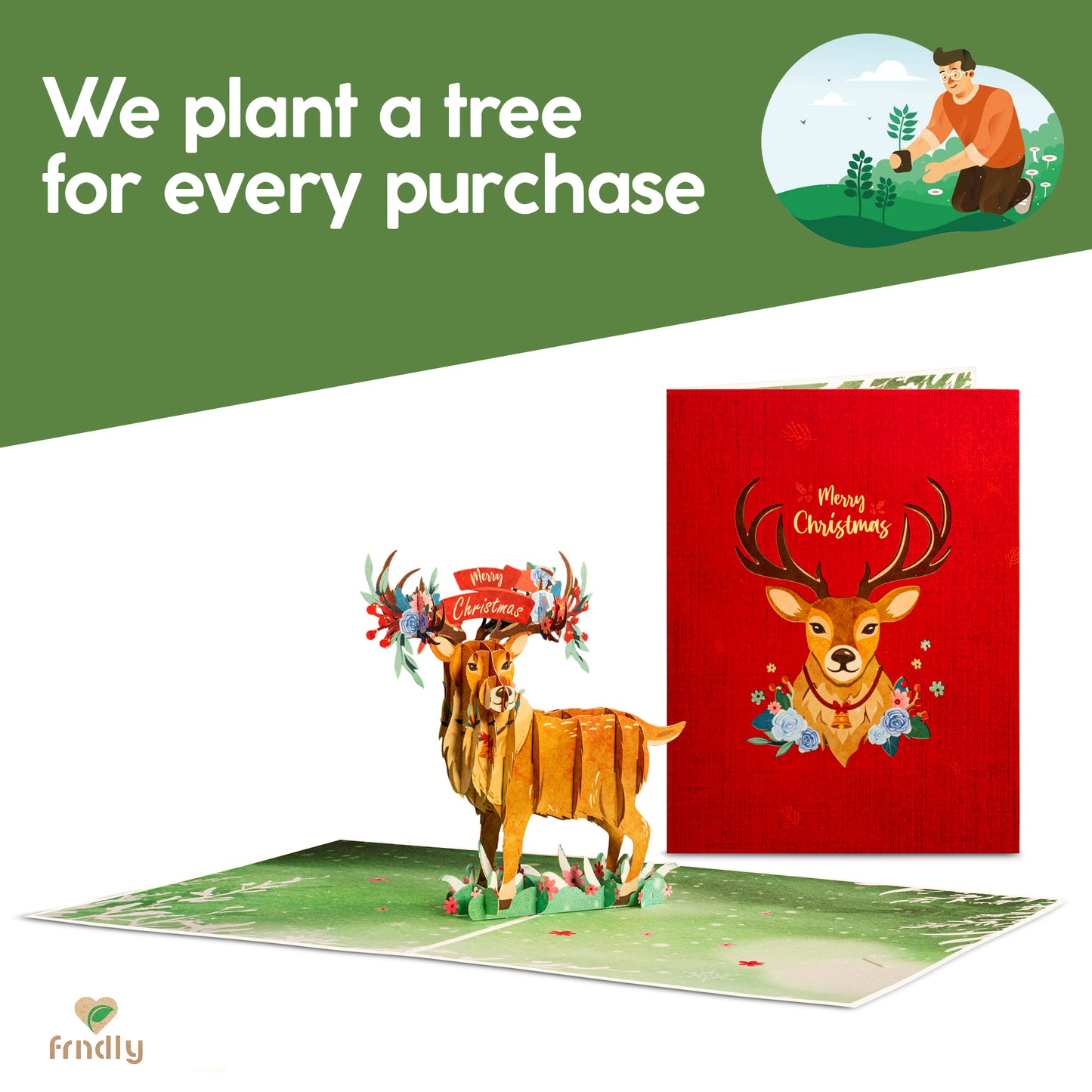 Christmas reindeer pop-up card set with eco-friendly message and red cover.