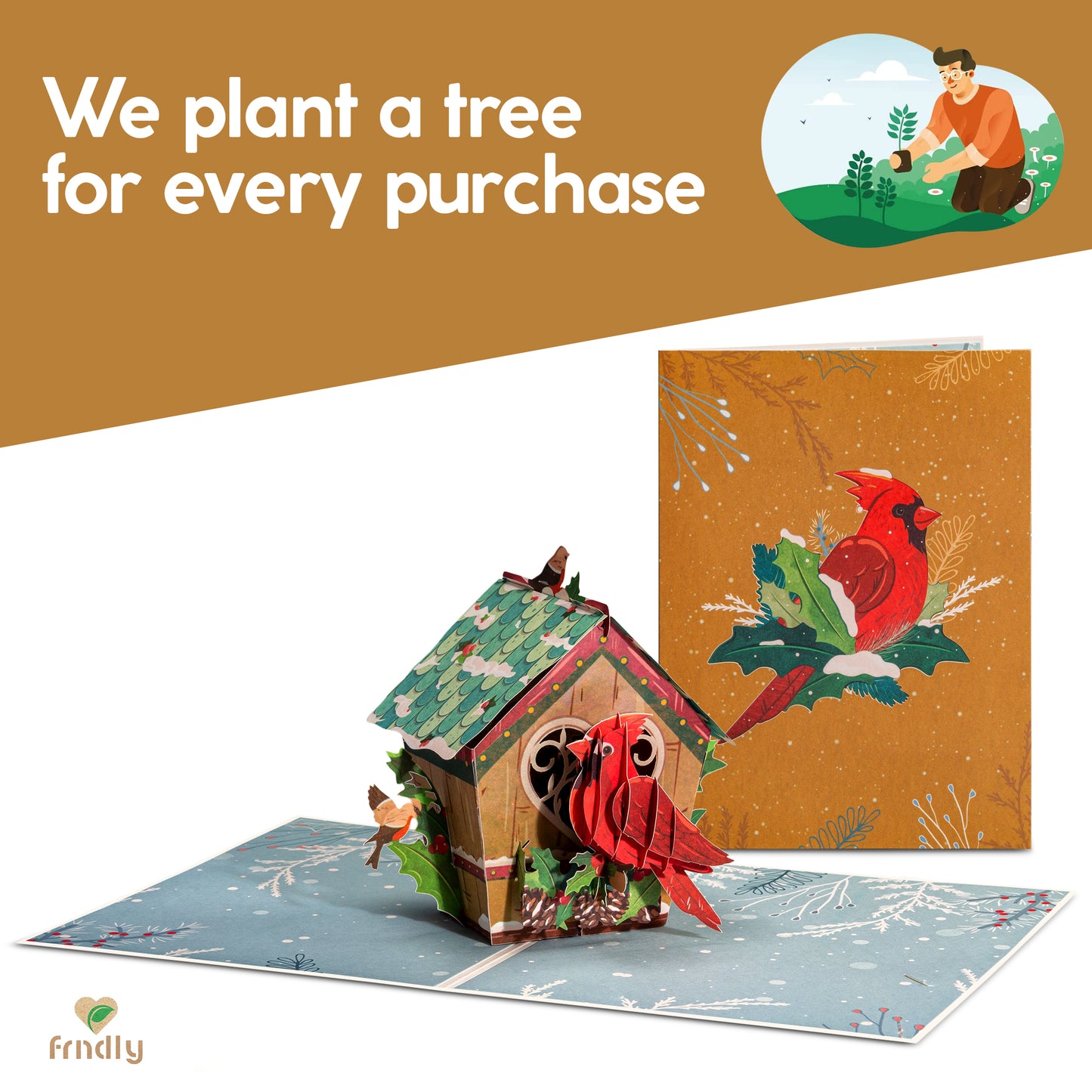 Love Bird House pop-up card with a tree planting initiative for every purchase.
