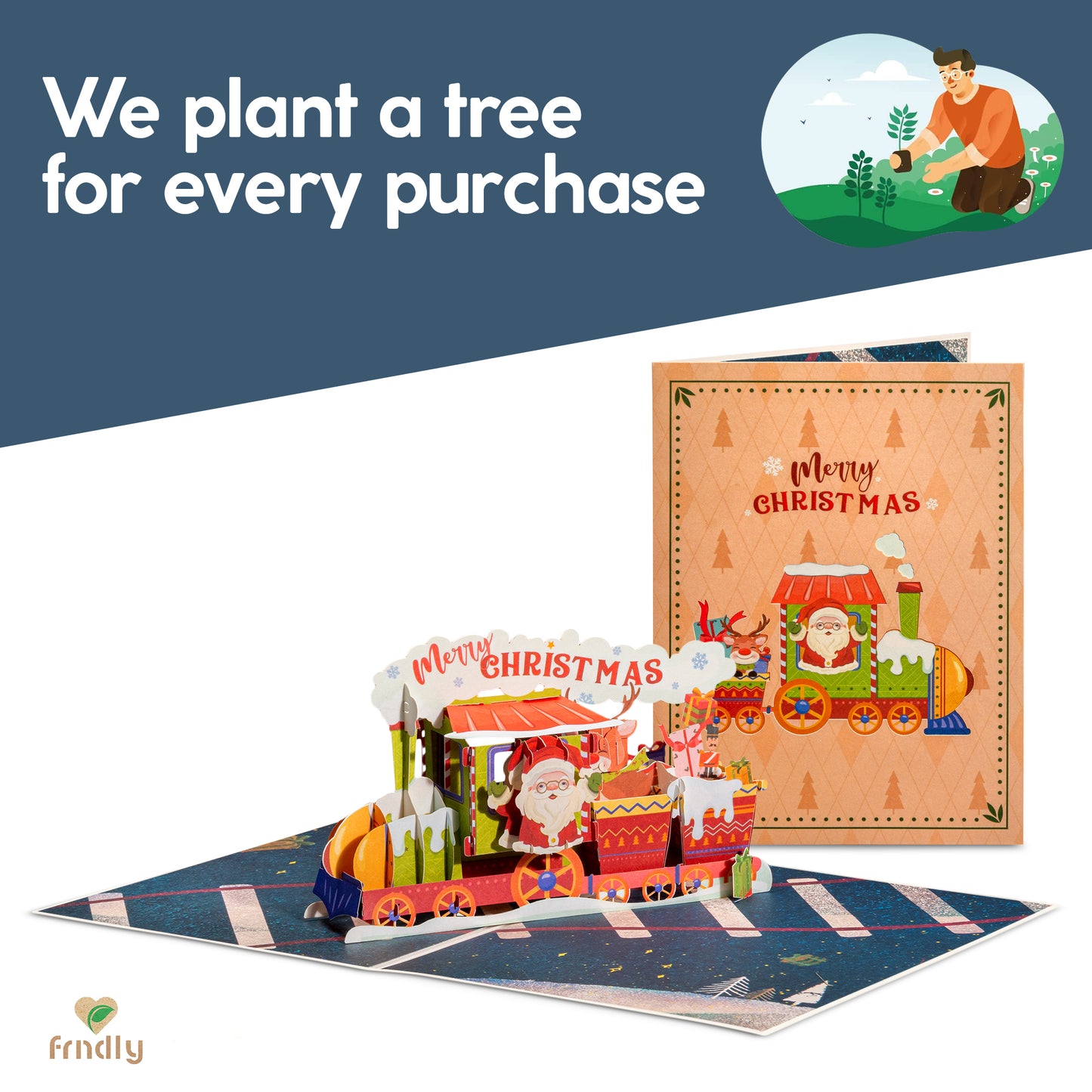 Christmas Train Pop Up Card with packaging and eco-friendly message.