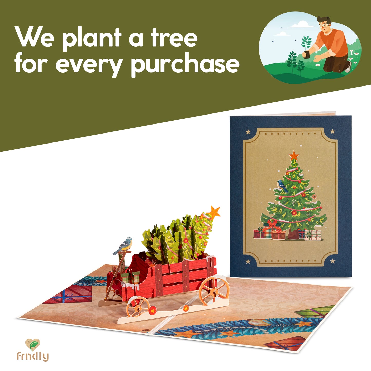 Pop-up Christmas card with tree wagon and message about planting a tree.