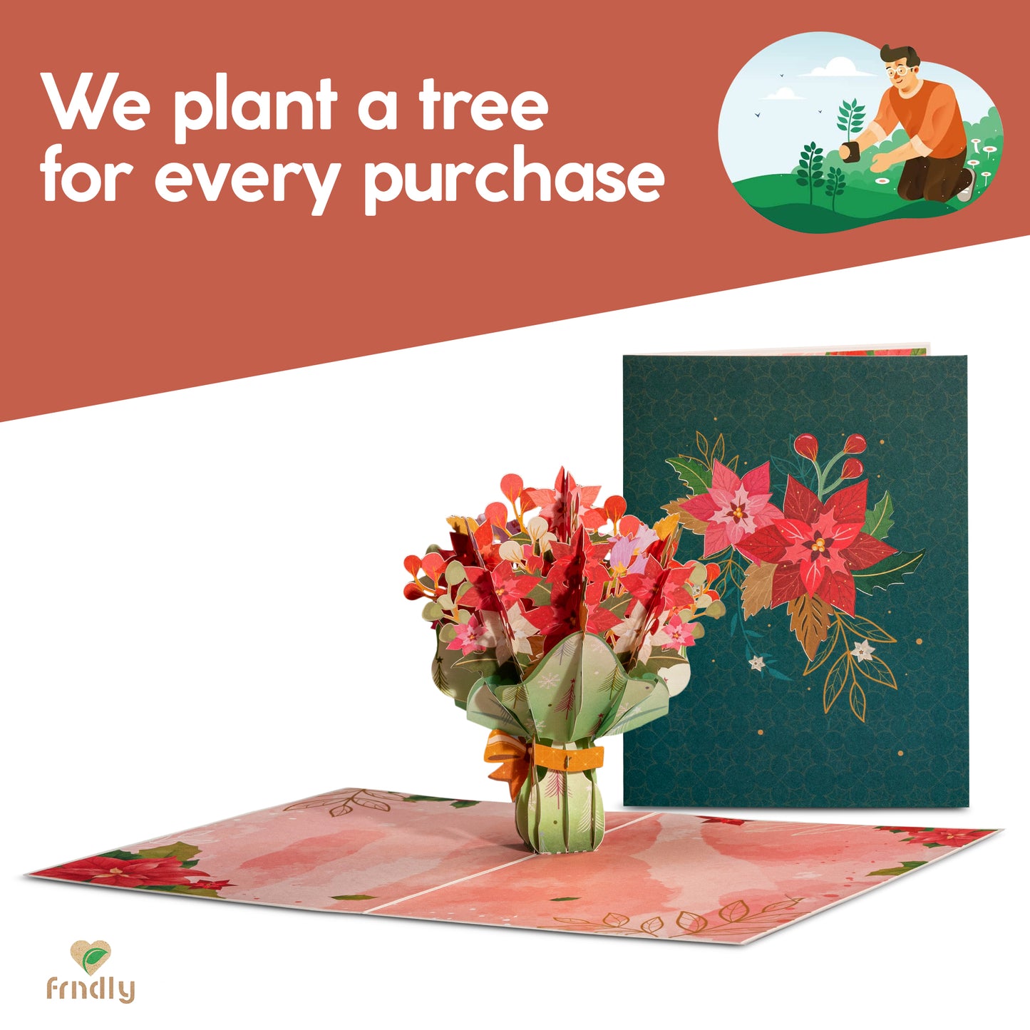 Poinsettia pop-up card with green envelope and eco-friendly message.