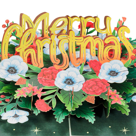 Floral Merry Christmas pop-up card with vibrant flowers and festive design.