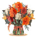 Boho pop-up flower bouquet card featuring vibrant orange, red, and white flowers.