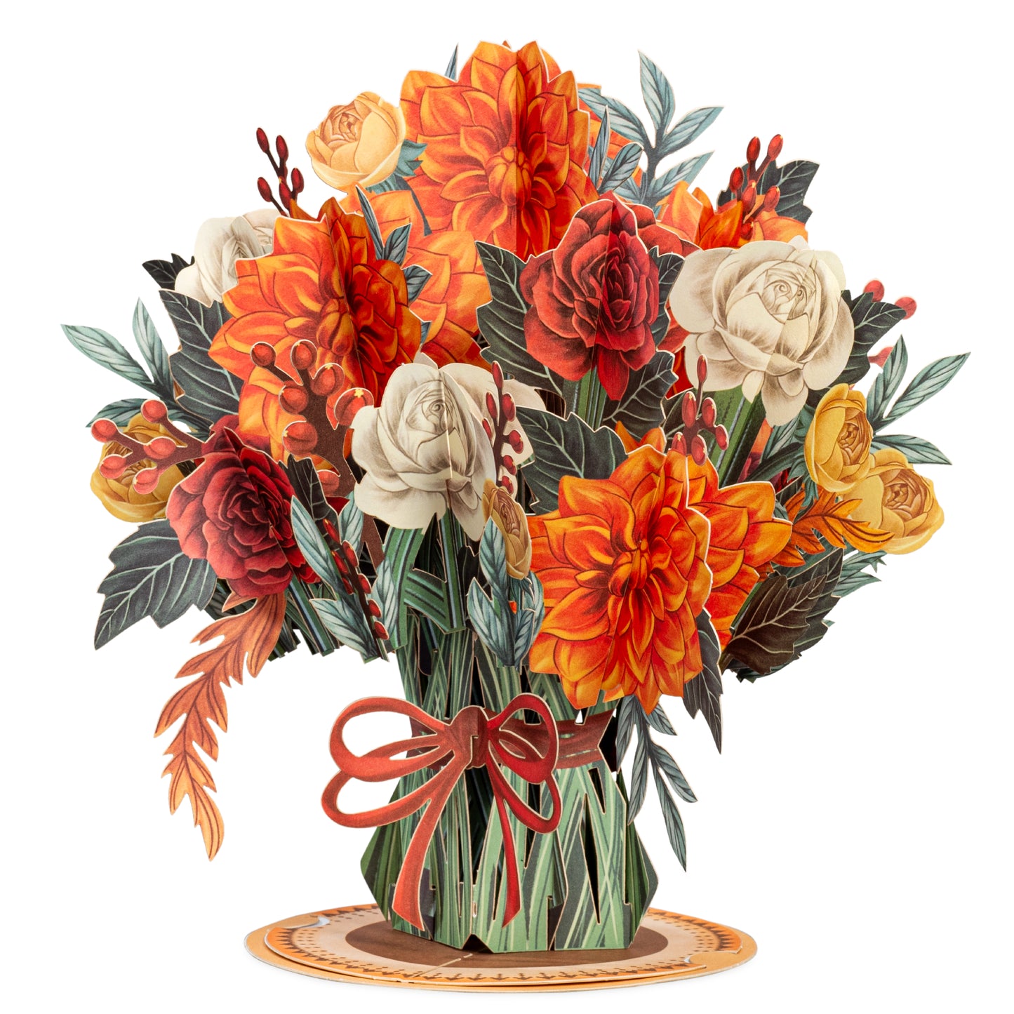 Boho pop-up flower bouquet card with orange, red, and white flowers in a vase design.