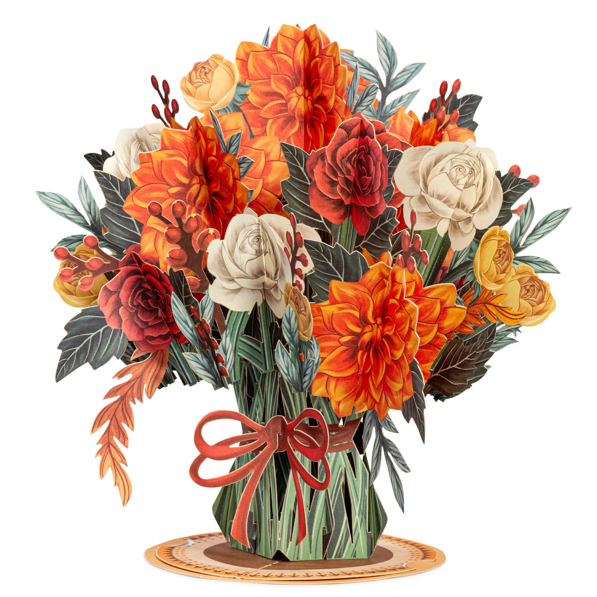 Boho pop-up flower bouquet card with orange, red, and white flowers in a vase design.