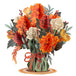 Boho pop-up flower bouquet card with orange, red, and white flowers in a vase design.