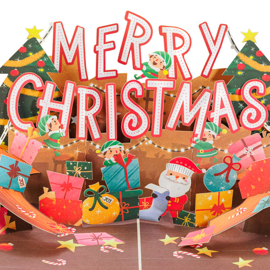 Jolly Merry Christmas pop-up card with festive elves, gifts, and Santa.