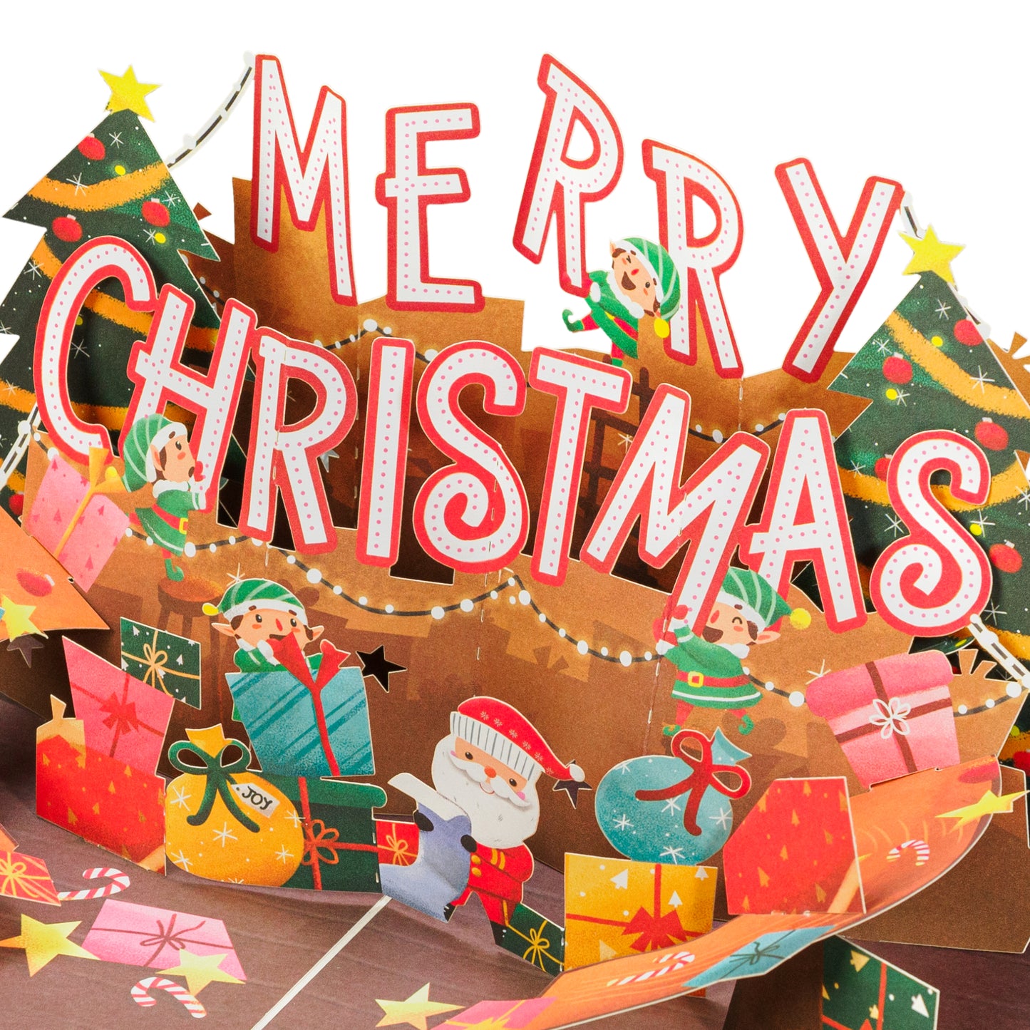 Close-up of Merry Christmas pop-up card with elves, gifts, and holiday cheer.