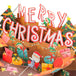 Close-up of Merry Christmas pop-up card with elves, gifts, and holiday cheer.