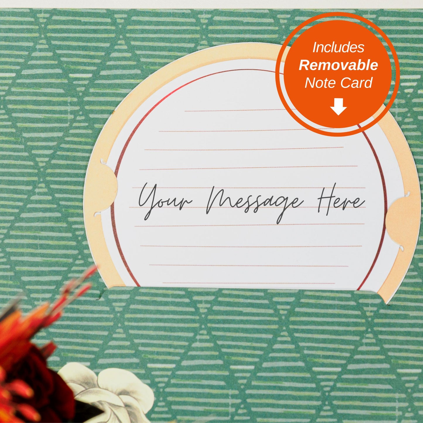 Close-up of removable note card included with the Boho pop-up flower bouquet card.