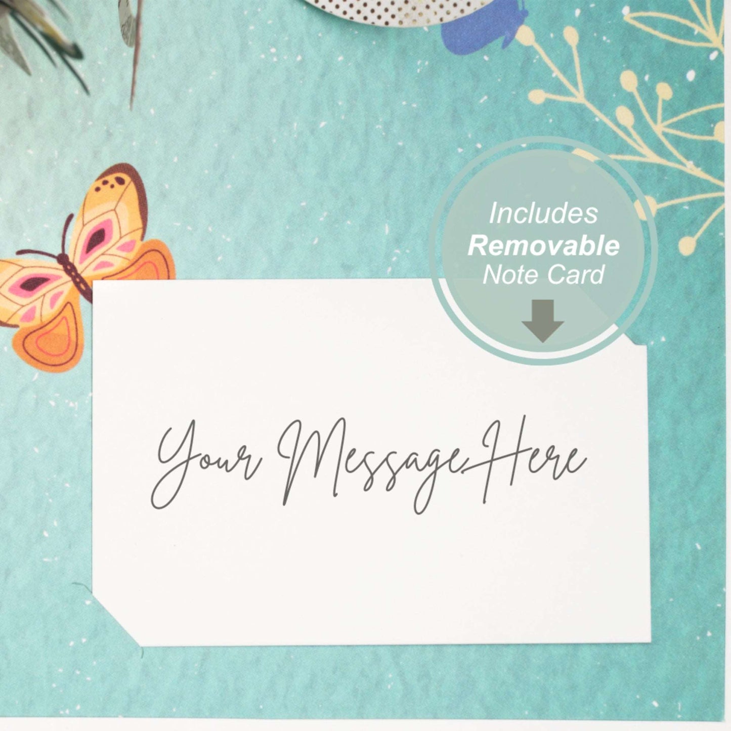 Close-up of removable note card included with Butterflies Bouquet Pop Up Card.