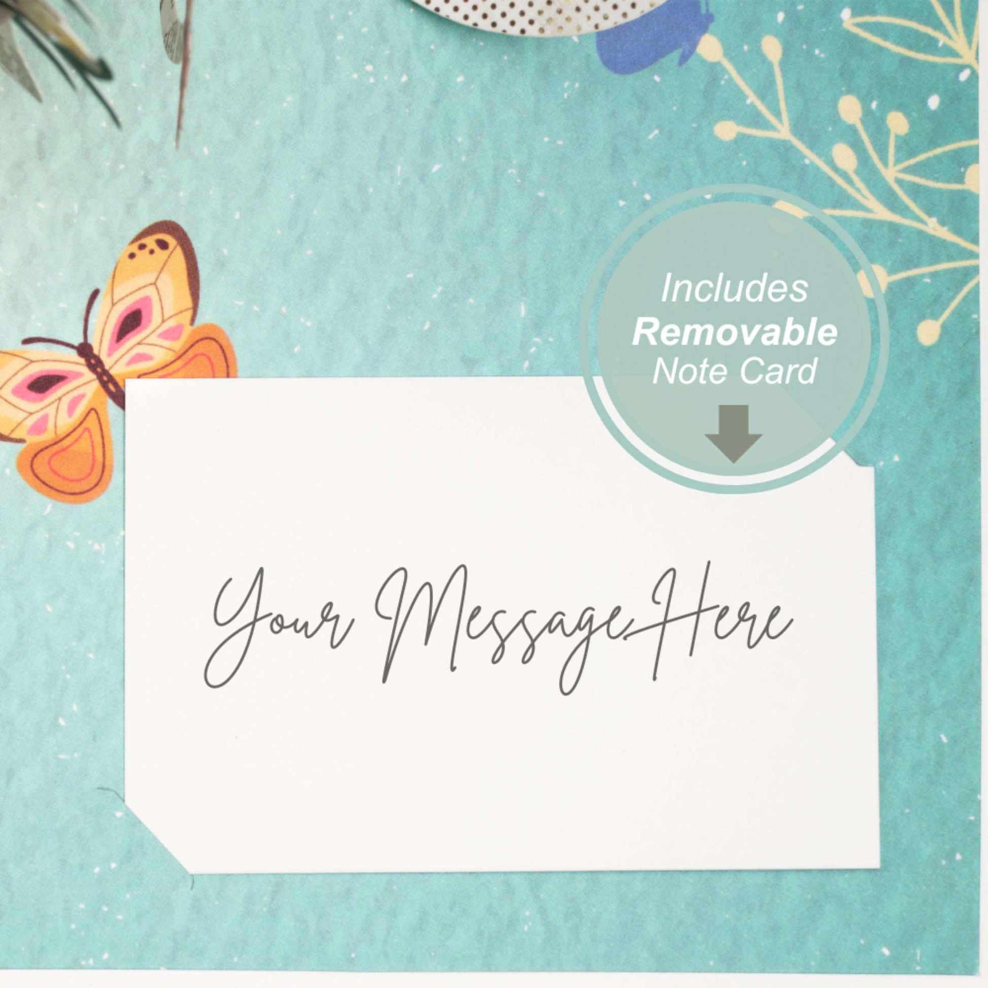 Close-up of removable note card included with Butterflies Bouquet Pop Up Card.