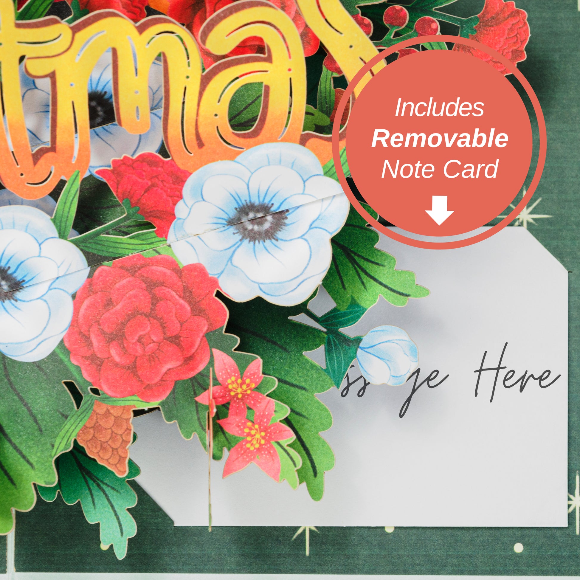 Floral Merry Christmas pop-up card with removable note card for personalized message.