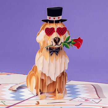 3D dog with rose and hat pop up greeting card