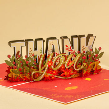 thank you 3D pop up card in red and gold accents