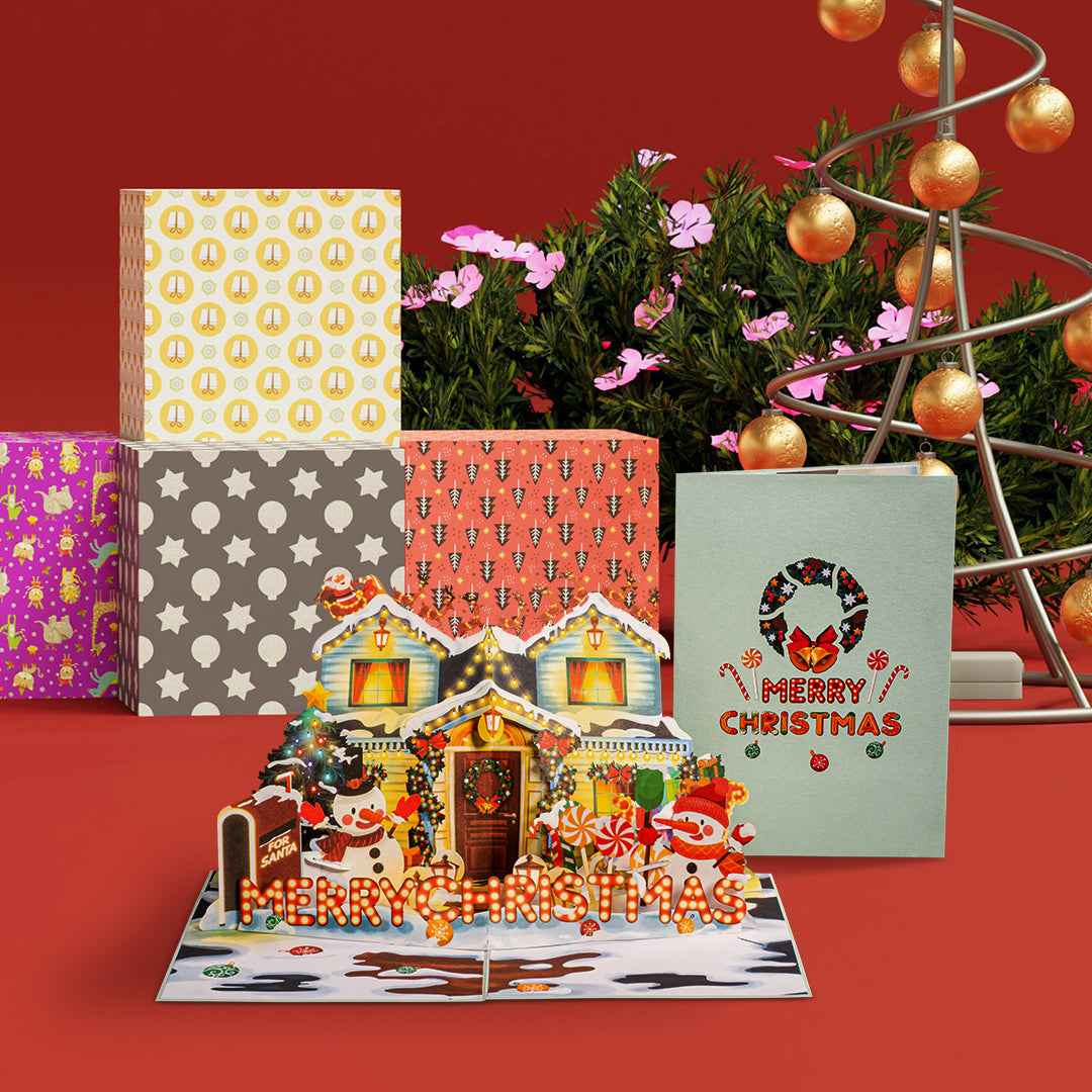 Paper Love Pop Up Cards - Decorated House Pop Up Christmas Card