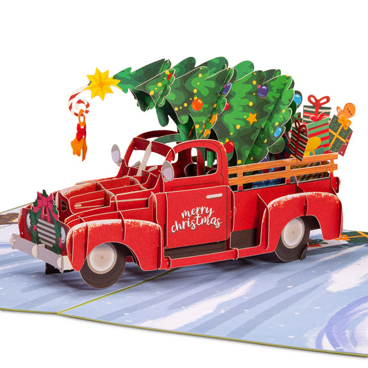 Christmas car pop-up card featuring a red truck with a Christmas tree and gifts.
