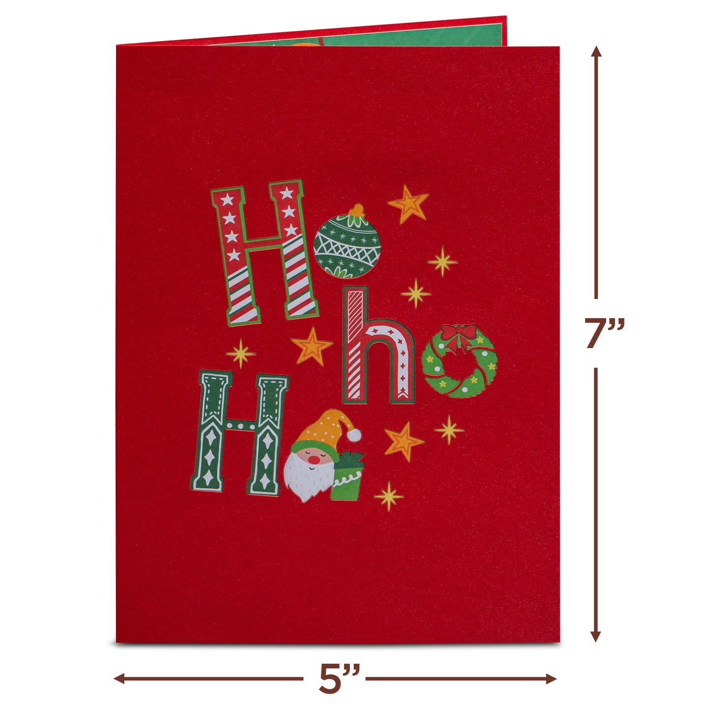 Red Ho Ho Ho Christmas card cover with festive lettering and holiday icons.