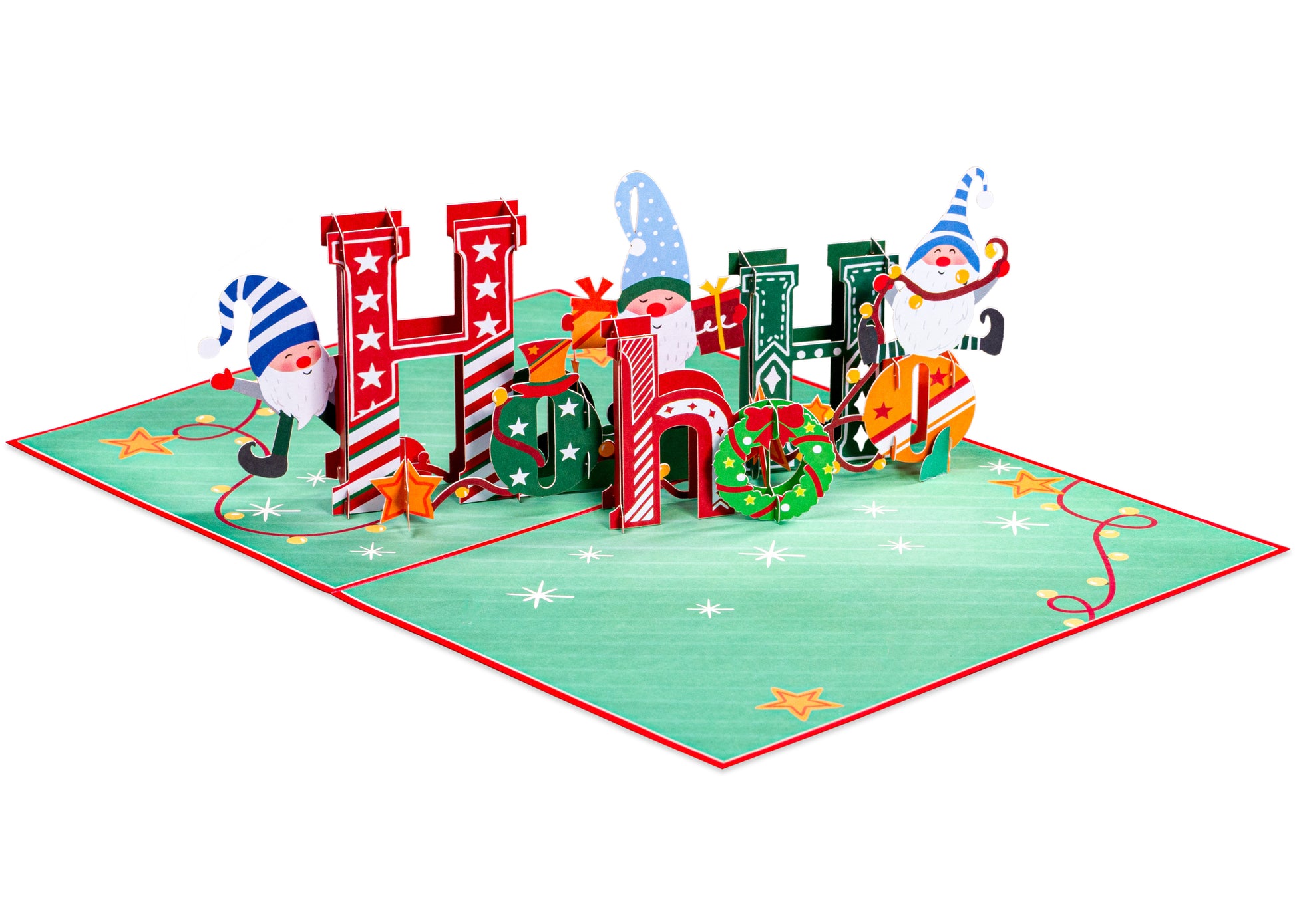 Open Ho Ho Ho Christmas popup card with festive 3D design and holiday accents.