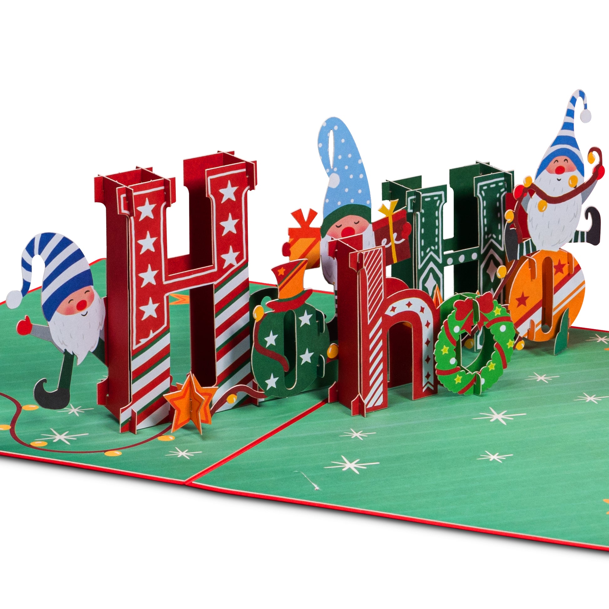 Side view of Ho Ho Ho Christmas popup card with intricate 3D holiday design.