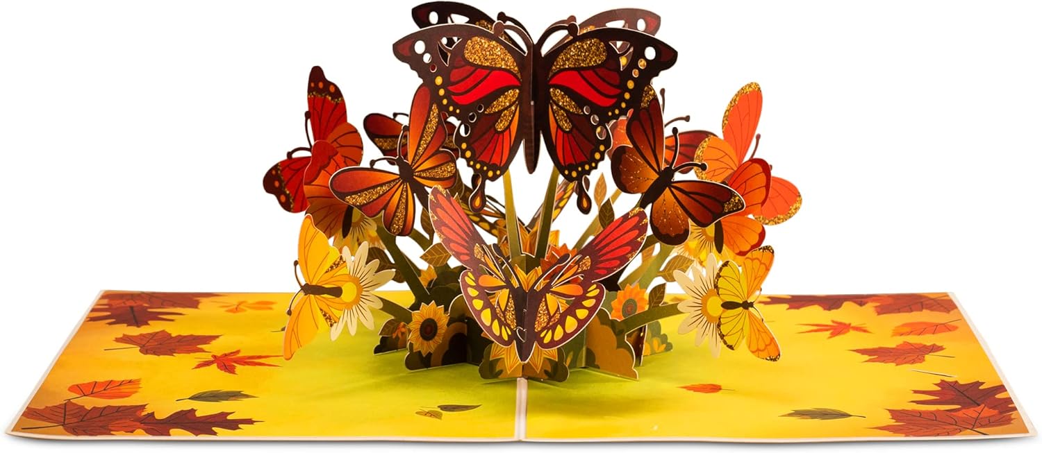 Open Fall Butterflies Pop Up Card showcasing colorful butterflies and autumn leaves.