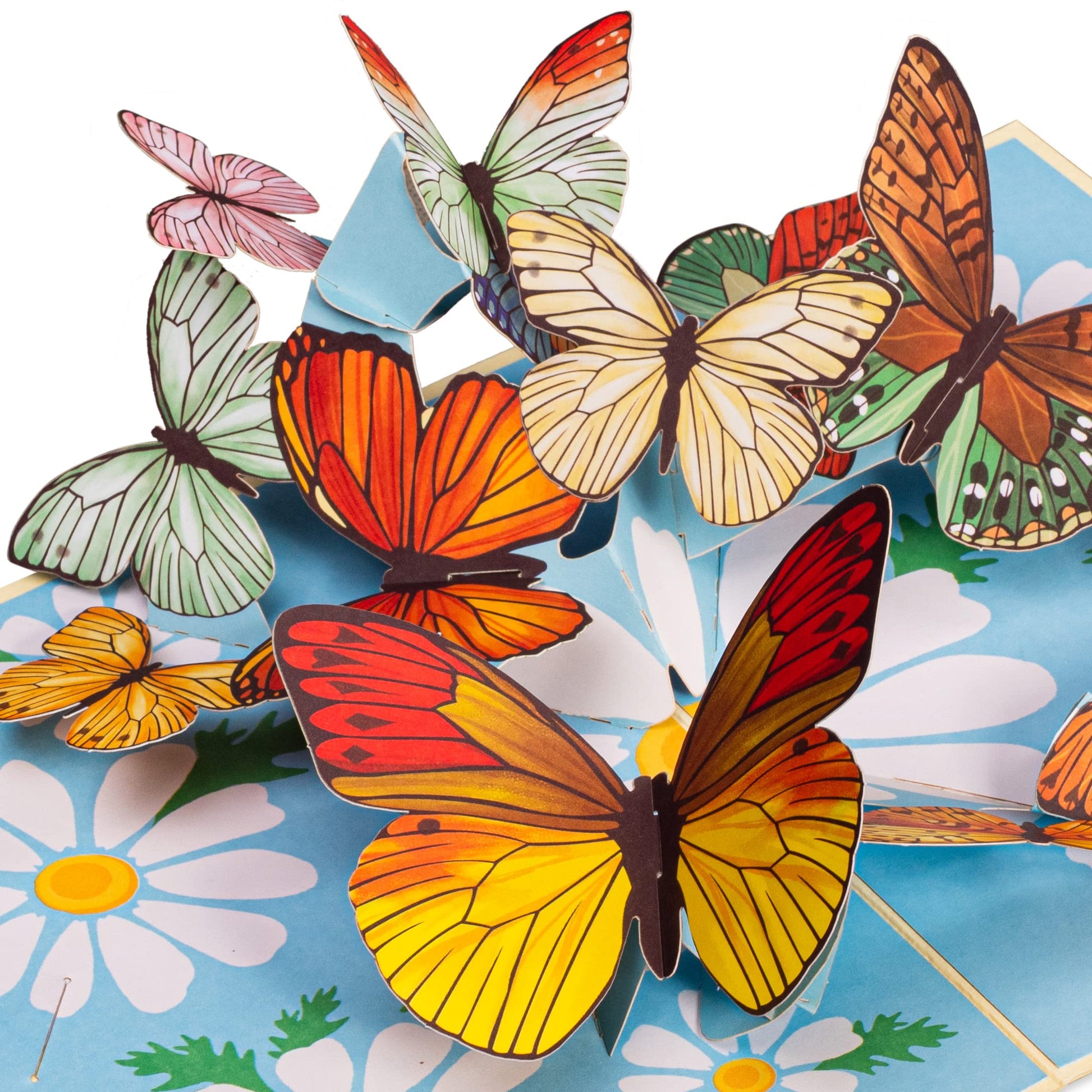 Close-up of 3D spring butterflies and daisies in a pop-up card.