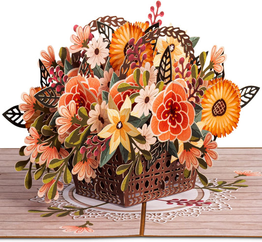 Rustic flower basket pop-up card with intricate floral design in vibrant colors.