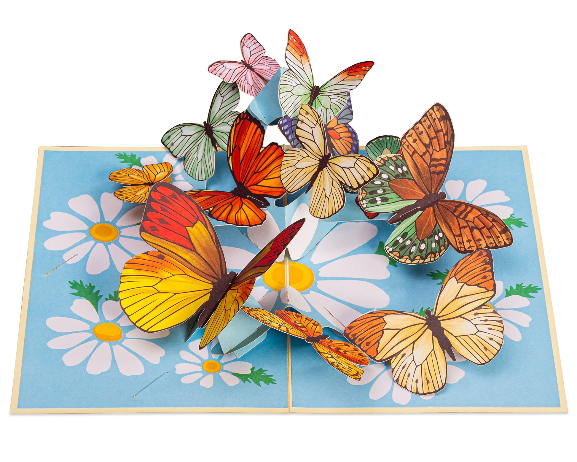 Open pop-up card showcasing a 3D display of butterflies and daisies.