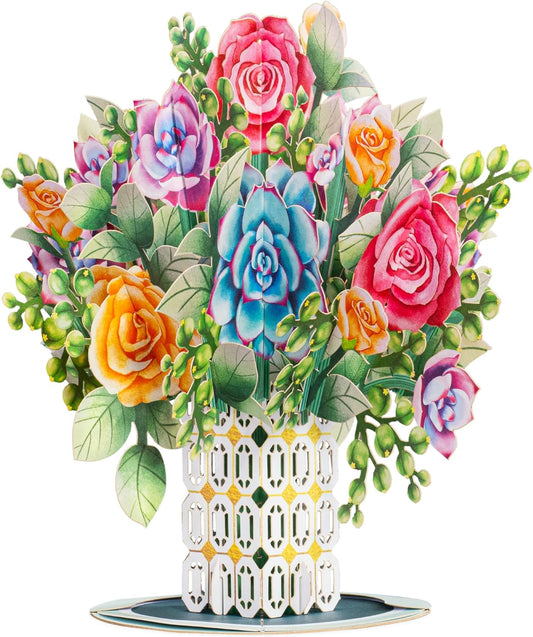 Oversized pop-up card featuring vibrant roses and succulents in a decorative vase.