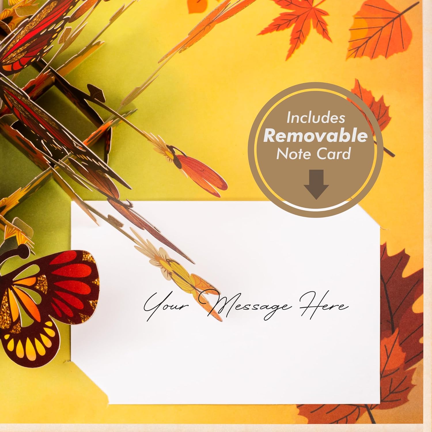 Fall Butterflies Pop Up Card with removable note card for personalized messages.