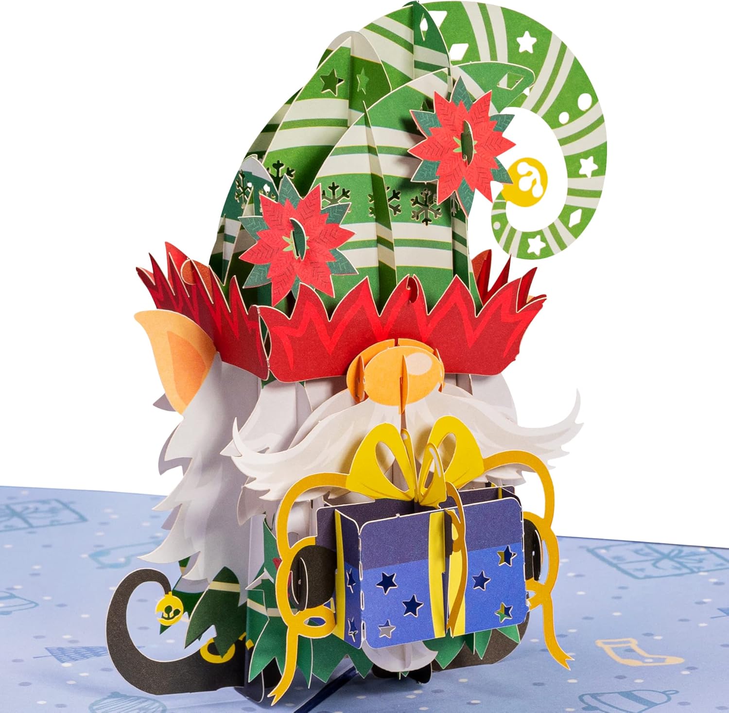 Elf Gnome pop-up Christmas card featuring a 3D gnome holding a gift.