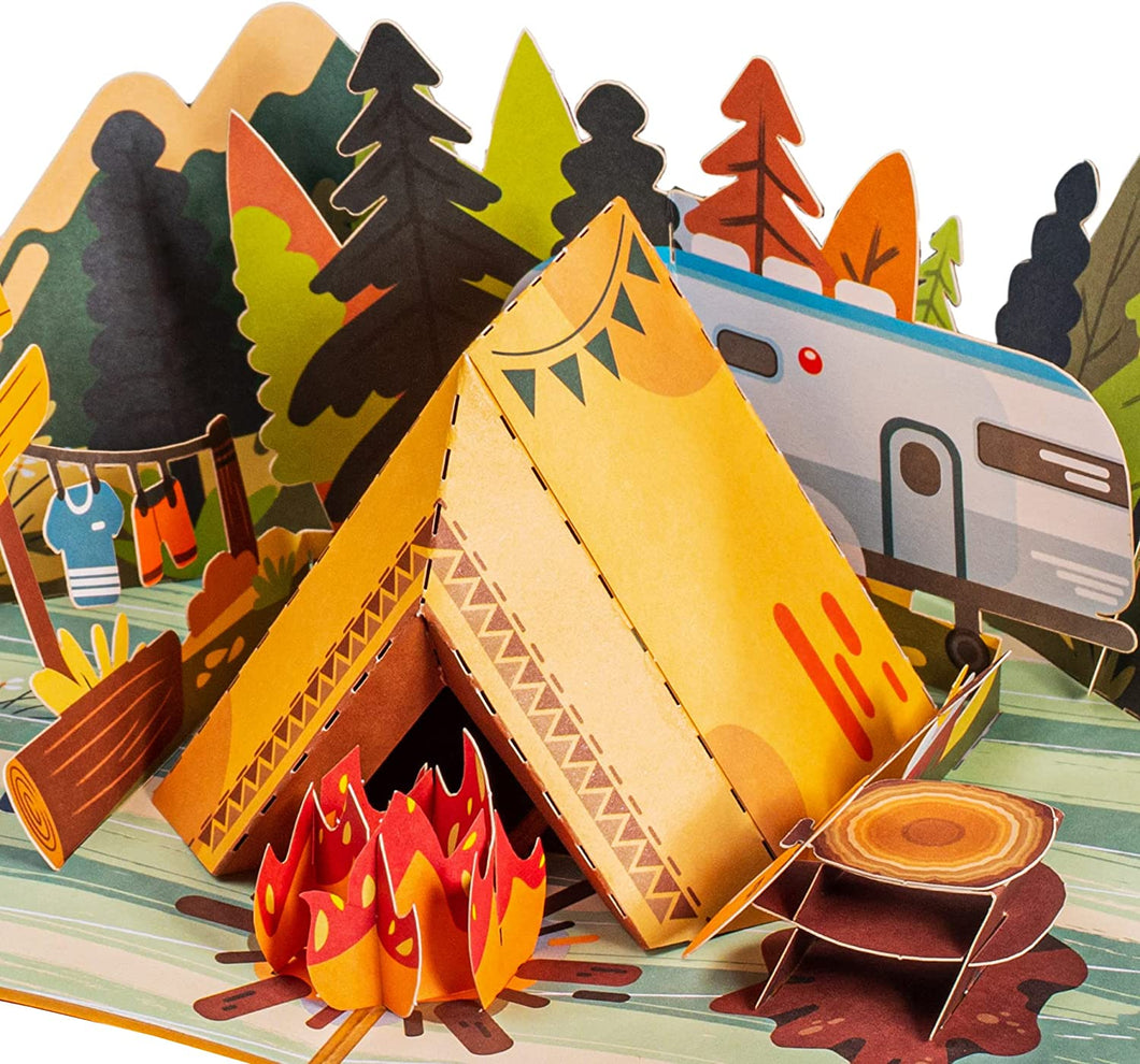 camping outdoors pop up card, with 3D tent and fire