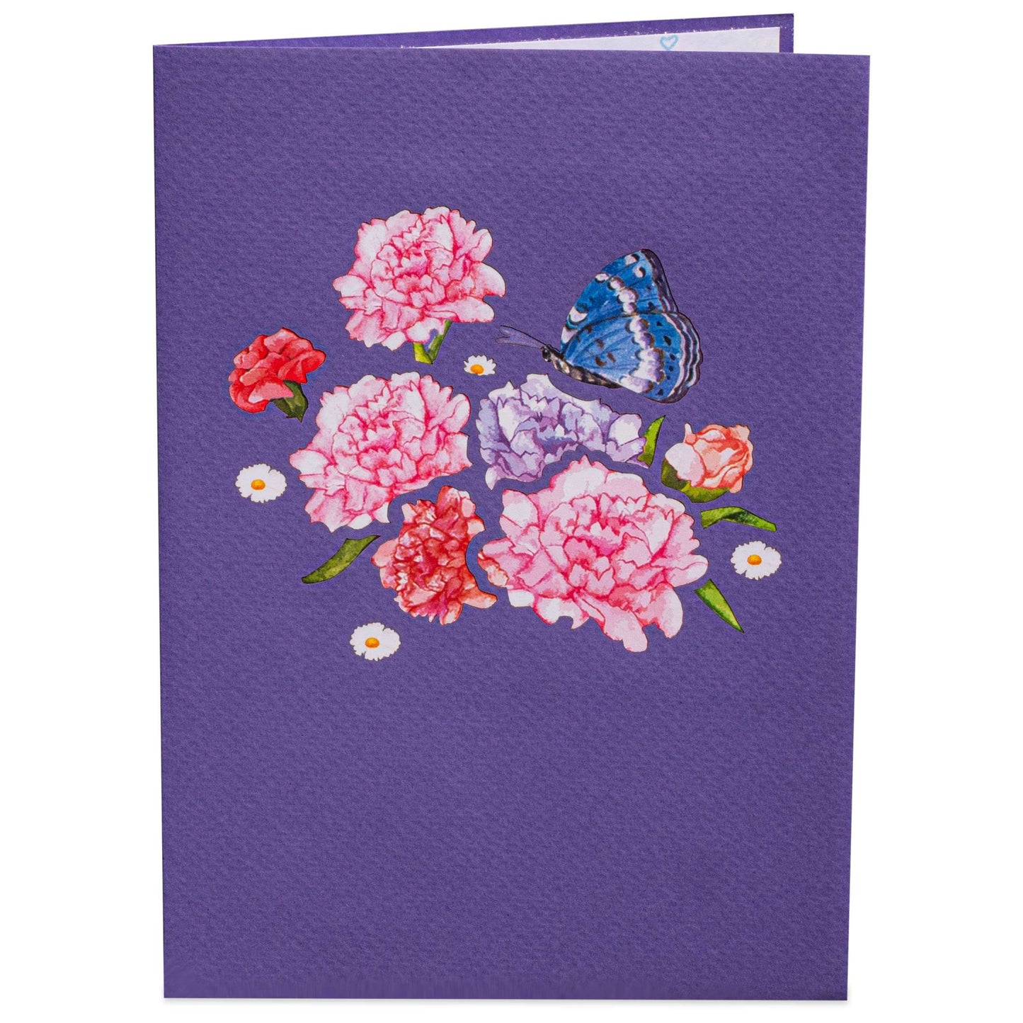 Purple greeting card cover with floral design and a blue butterfly illustration.