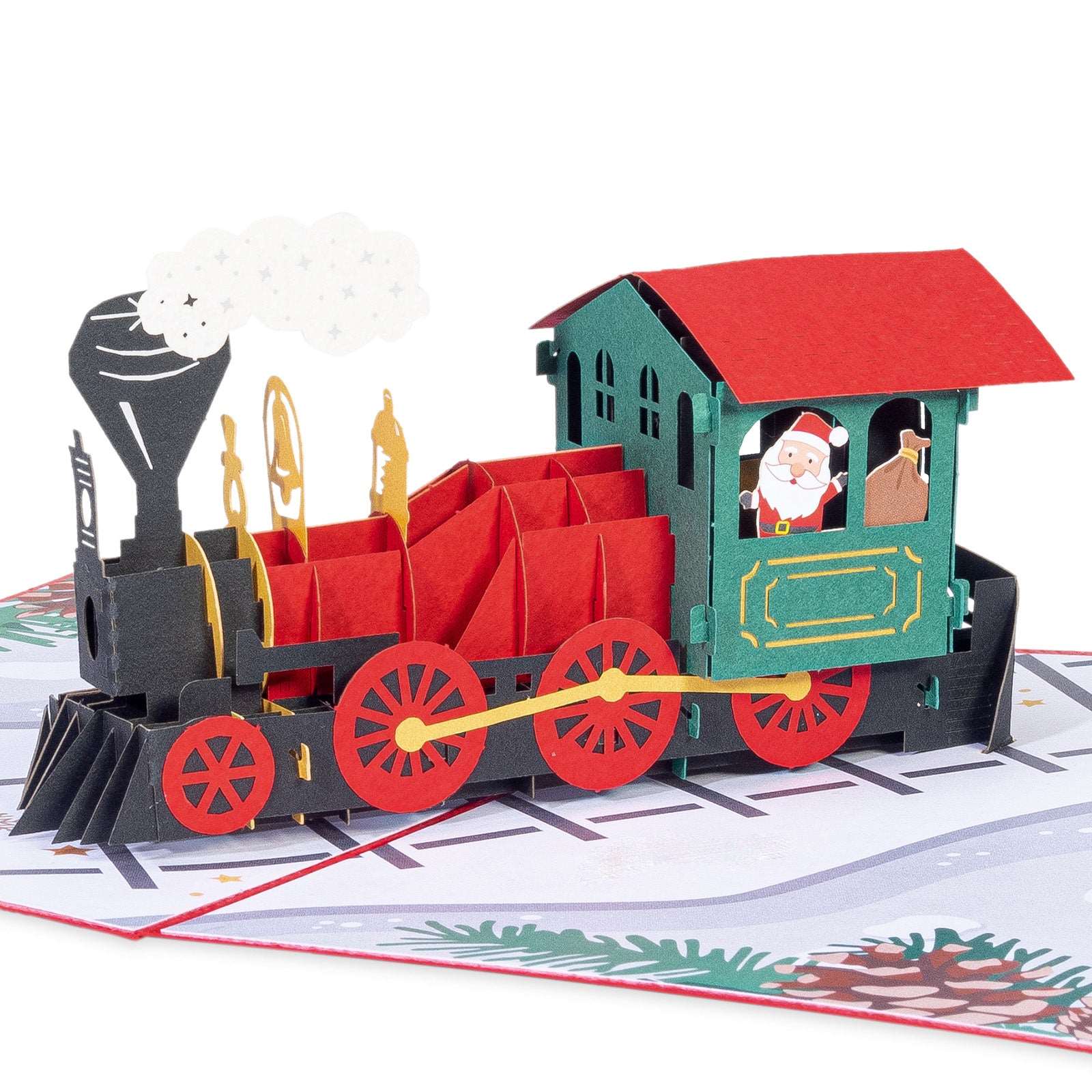 christmas train greeting card, 3D train pop up, miniature santa on board