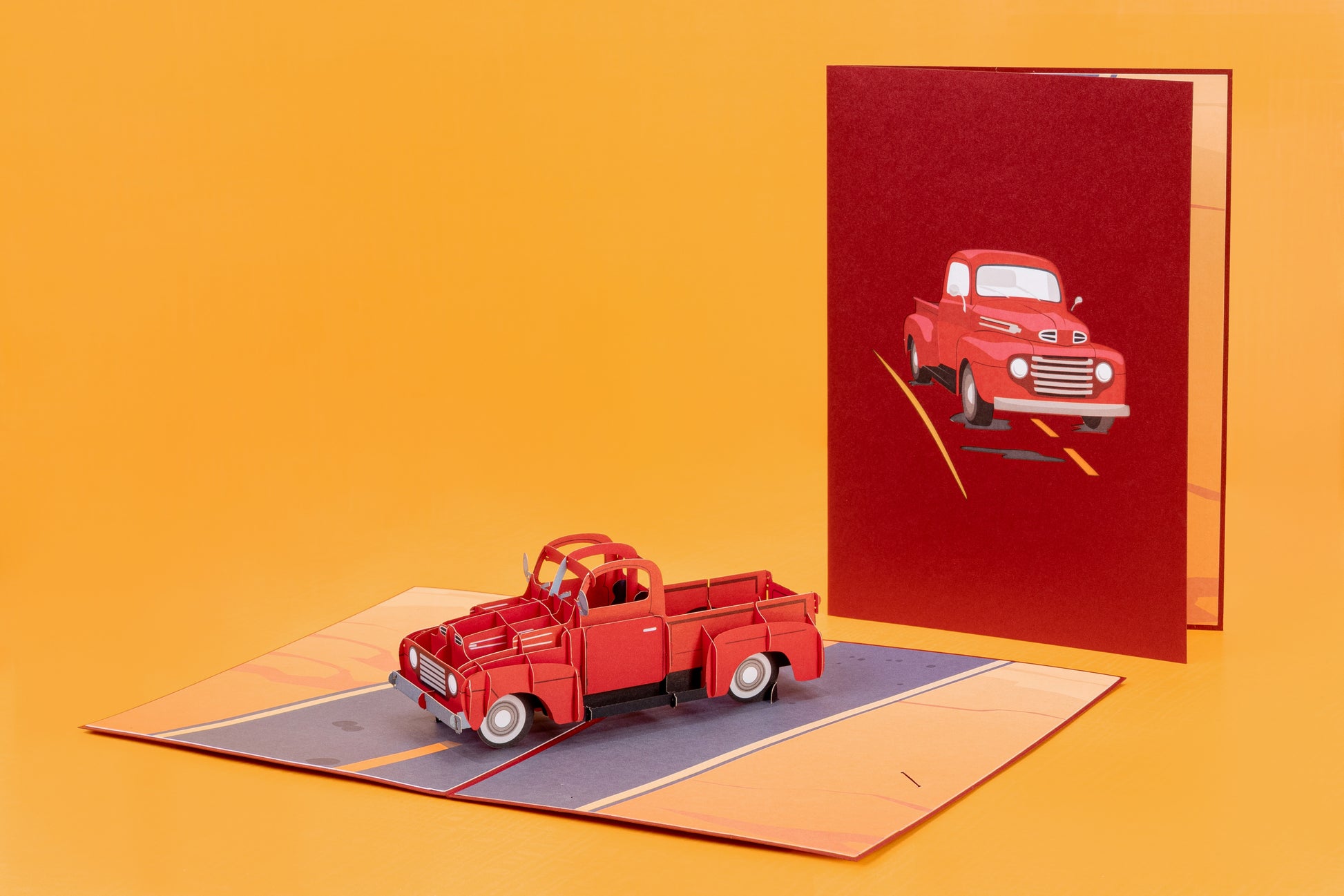 Open Classic Truck Pop Up Card showcasing a 3D red vintage truck on a road scene.