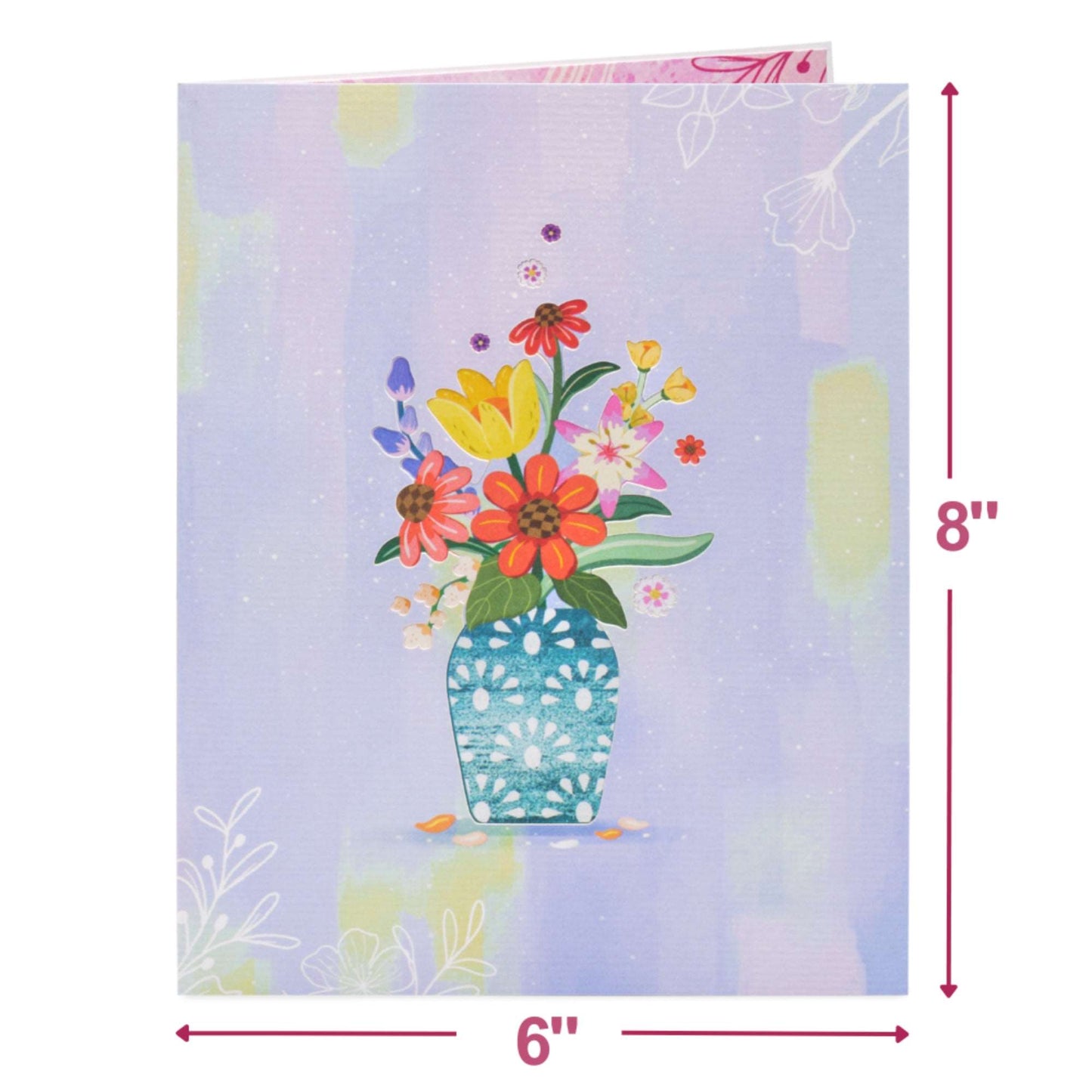 Front cover of the pop-up card featuring a vase with colorful flowers.