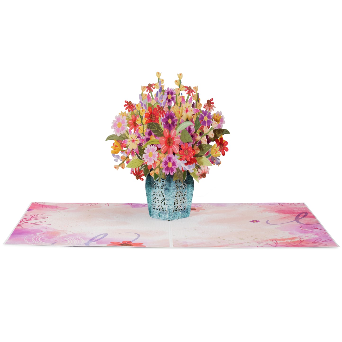 Open flower bouquet pop-up card with a vibrant floral centerpiece.