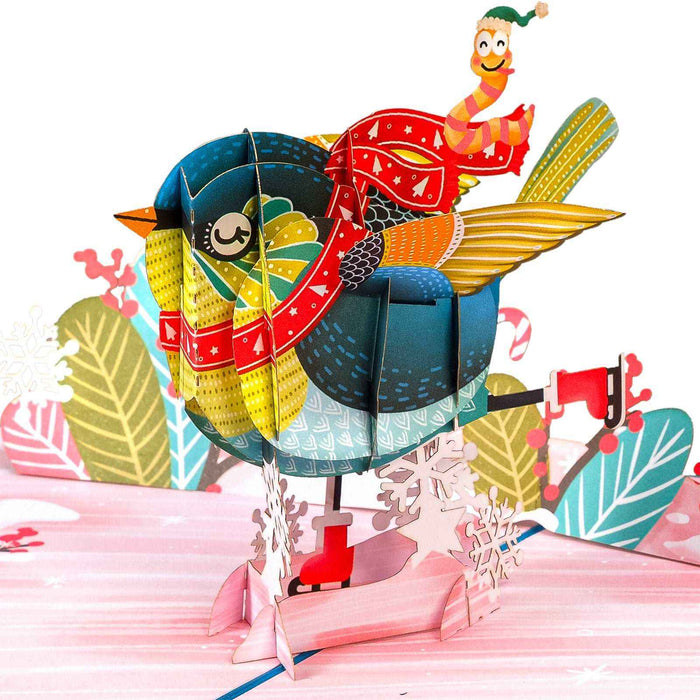 Holiday Bird Pop Up Christmas Card pop-up Christmas card open