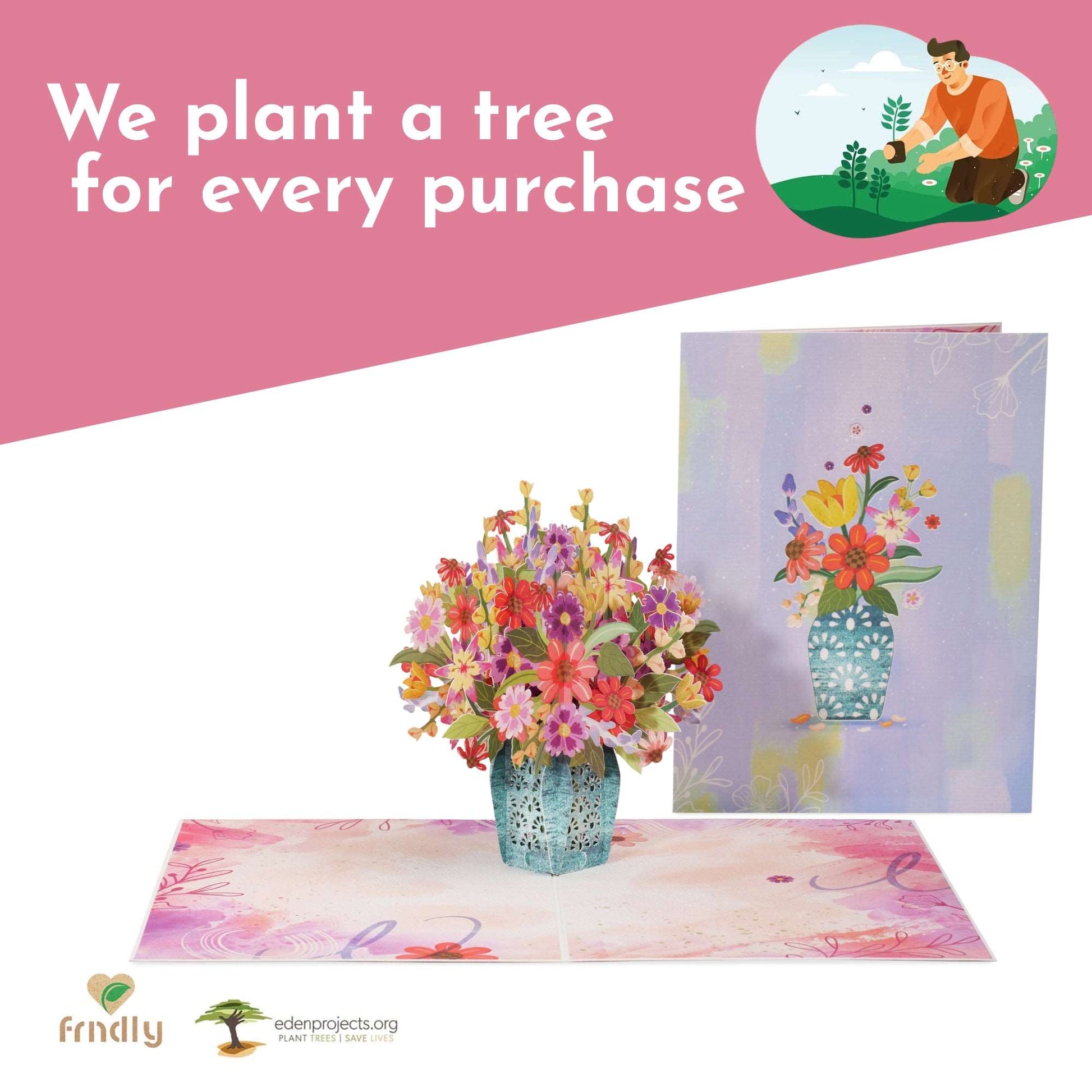 Pop-up card with flower bouquet and message about planting a tree for every purchase.