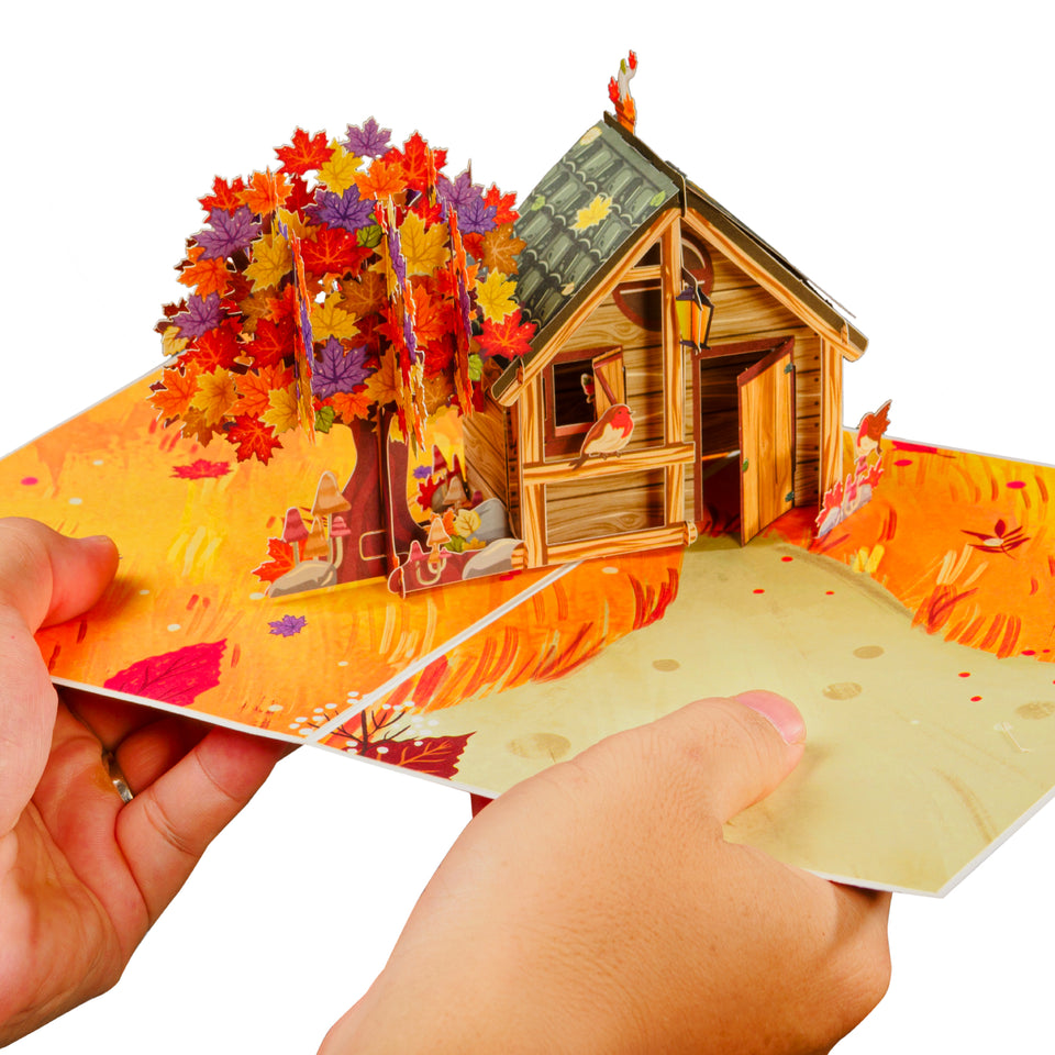 Cozy Autumn Home Frndly Pop Up Card 100% Recycled and Eco-Friendly