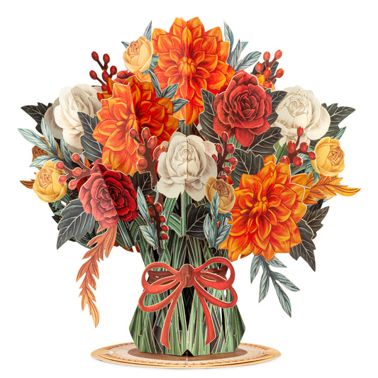 Boho pop-up flower bouquet card featuring vibrant orange, red, and white flowers.