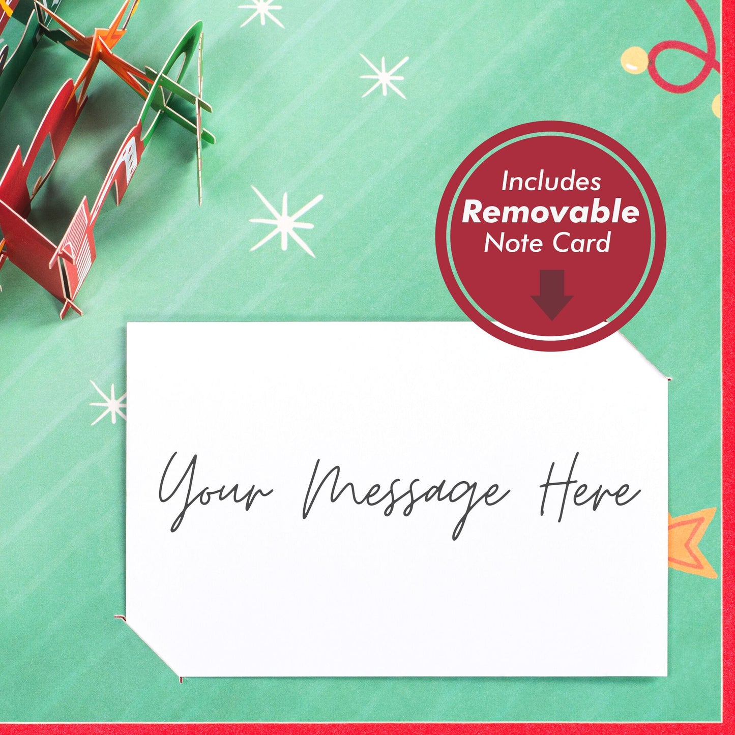 Removable note card included with Ho Ho Ho Christmas popup card for personal messages.