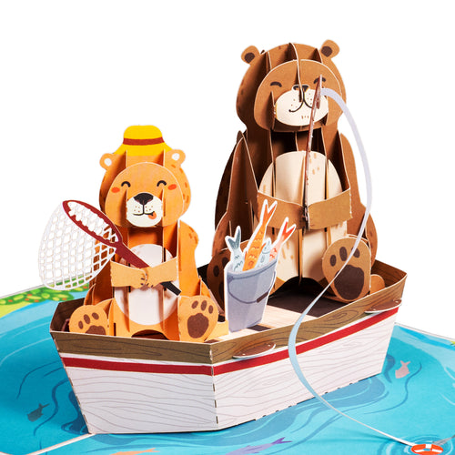 two bears on a boat fishing pop up greeting card